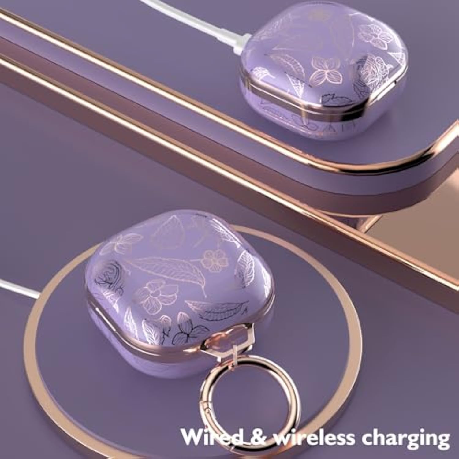 Tatify Case For Galaxy Buds - Pro, Live & 2 Series, Golden Leaf Hard Case With Carabiner, Supports Wireless Charging (Purple & Golden)