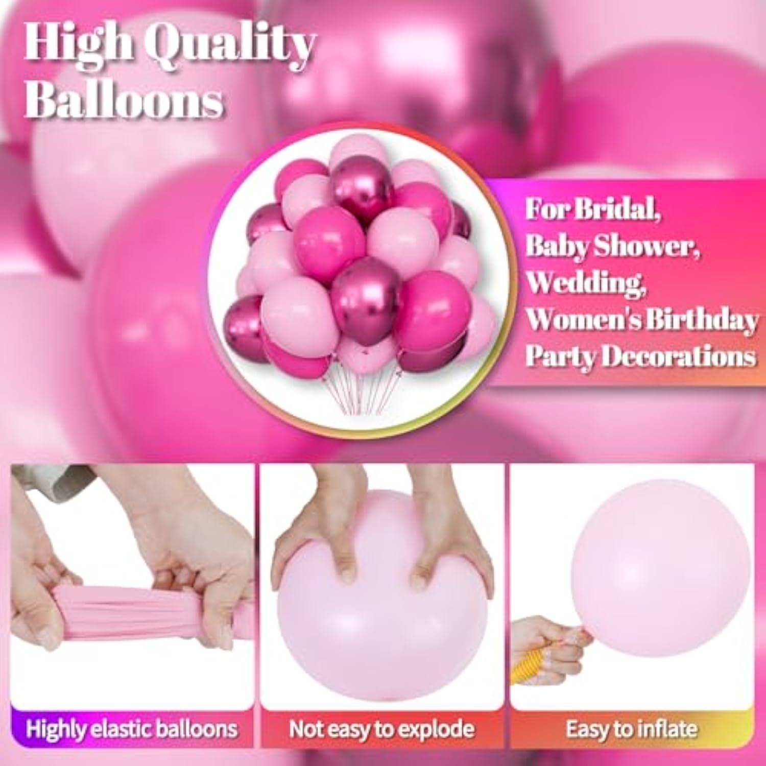 60Pcs Pink Metallic Balloons 12In Hot Pink Magenta Latex for Party Decor