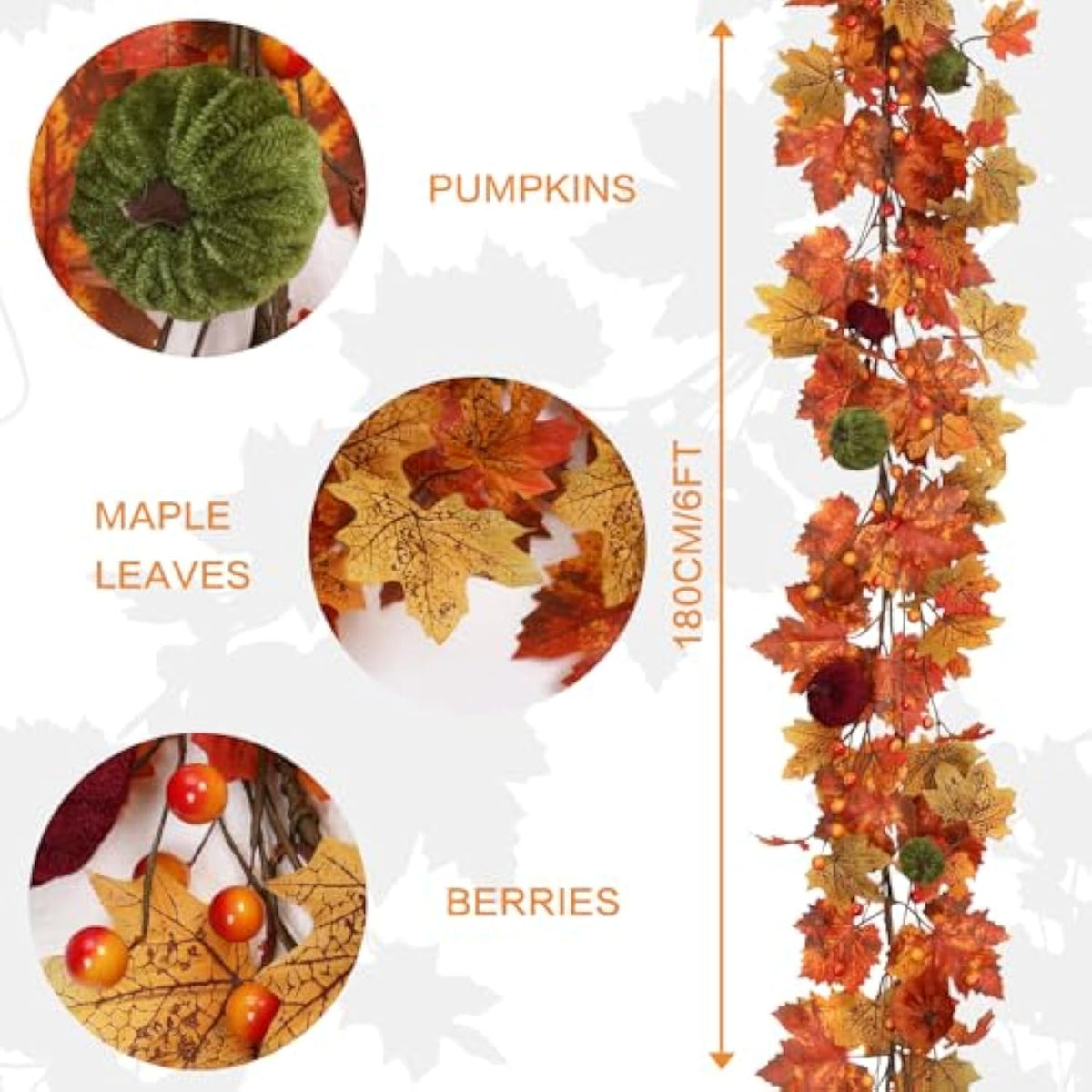 Fall Garland, 6Ft Autumn Maple Leaf Velvet Pumpkin/Berry Garland Fall Decor, For Home Harvest Thanksgiving Fireplace Front Door Indoor Outdoor Holiday Party Decorations.