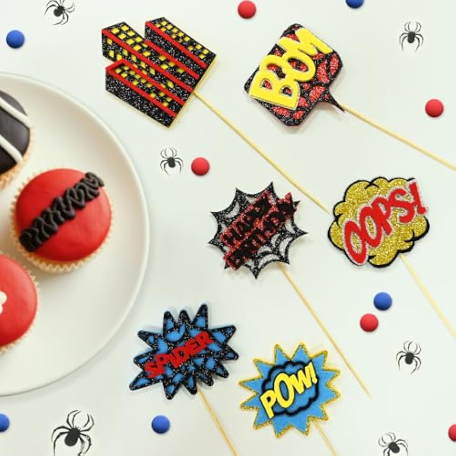 12 Pcs Spider Cake Toppers, Spider Theme Cupcake Decorations Glitter Red Black Blue Spider Pattern Birthday Party Supplies, Spider Web Birthday Decorations For Boys, Men, Baby Shower