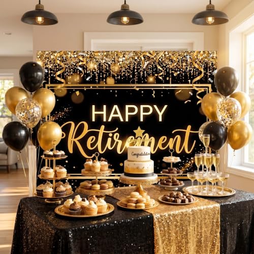 Happy Retirement Backdrop 59x39in Black Gold Party Banner