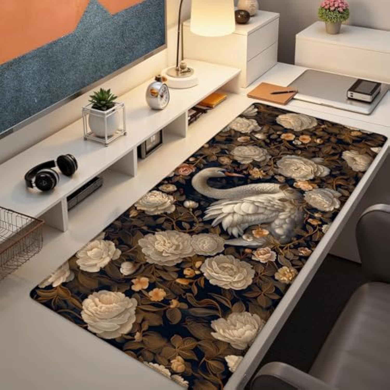 Elegant Swan Gaming Mouse Pad, Large Office Desktop Delicate Flower Mousepad For Computer Laptop, Extended Work Desk Mat With Anti-Slip Base, Decorative Desk Pad 31.5×11.8 In