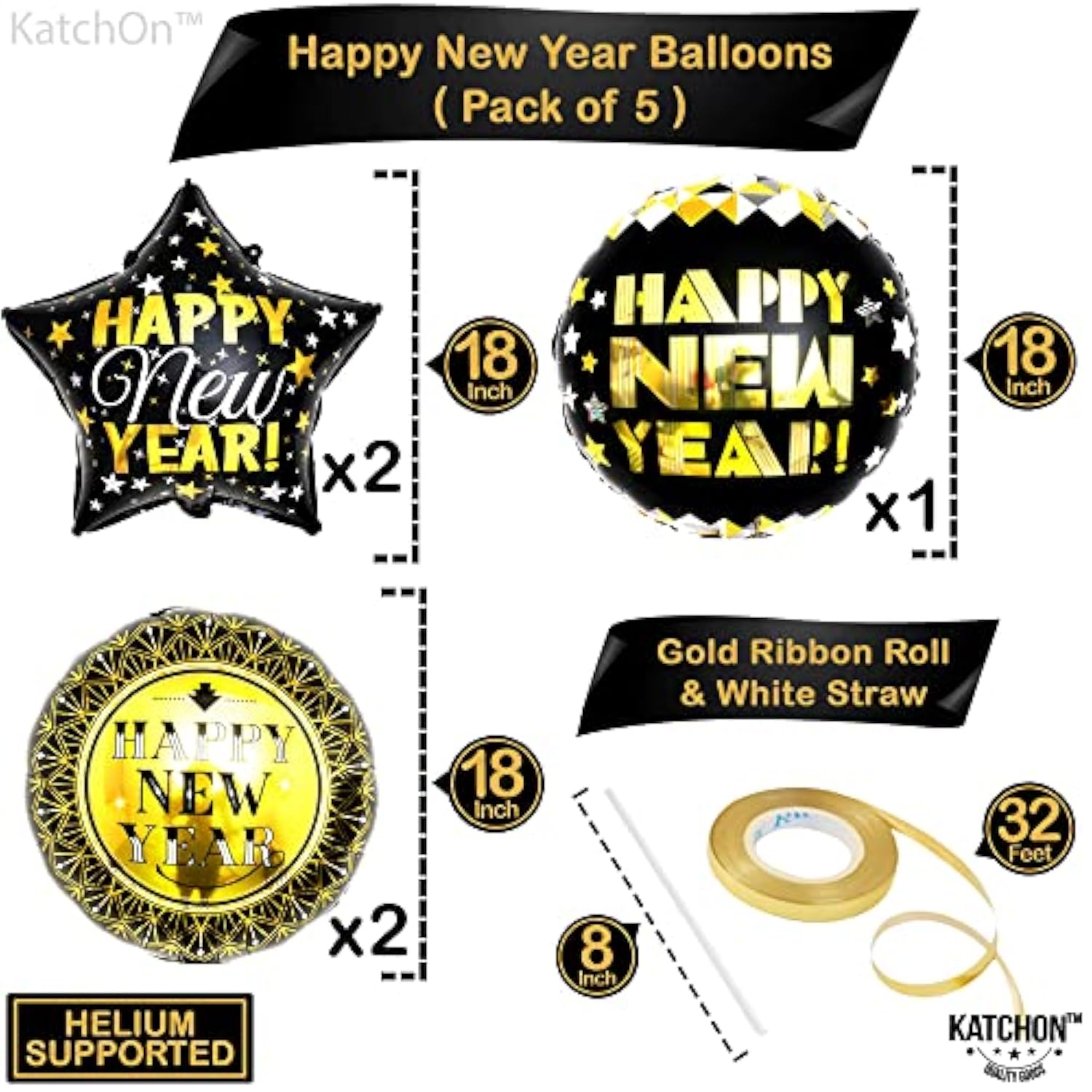 Black Gold Happy New Year Balloons 18in Pack of 5 2026 Party Decor