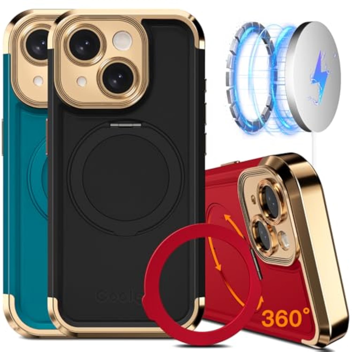 For Iphone 15 Case 6.1'' Upgraded 360° Spin Magnetic Stand [Compatible With Magsafe][Military Protection] Plating Matte Scratch-Resistant Back Protective Shockproof Phone Case, Black Gold