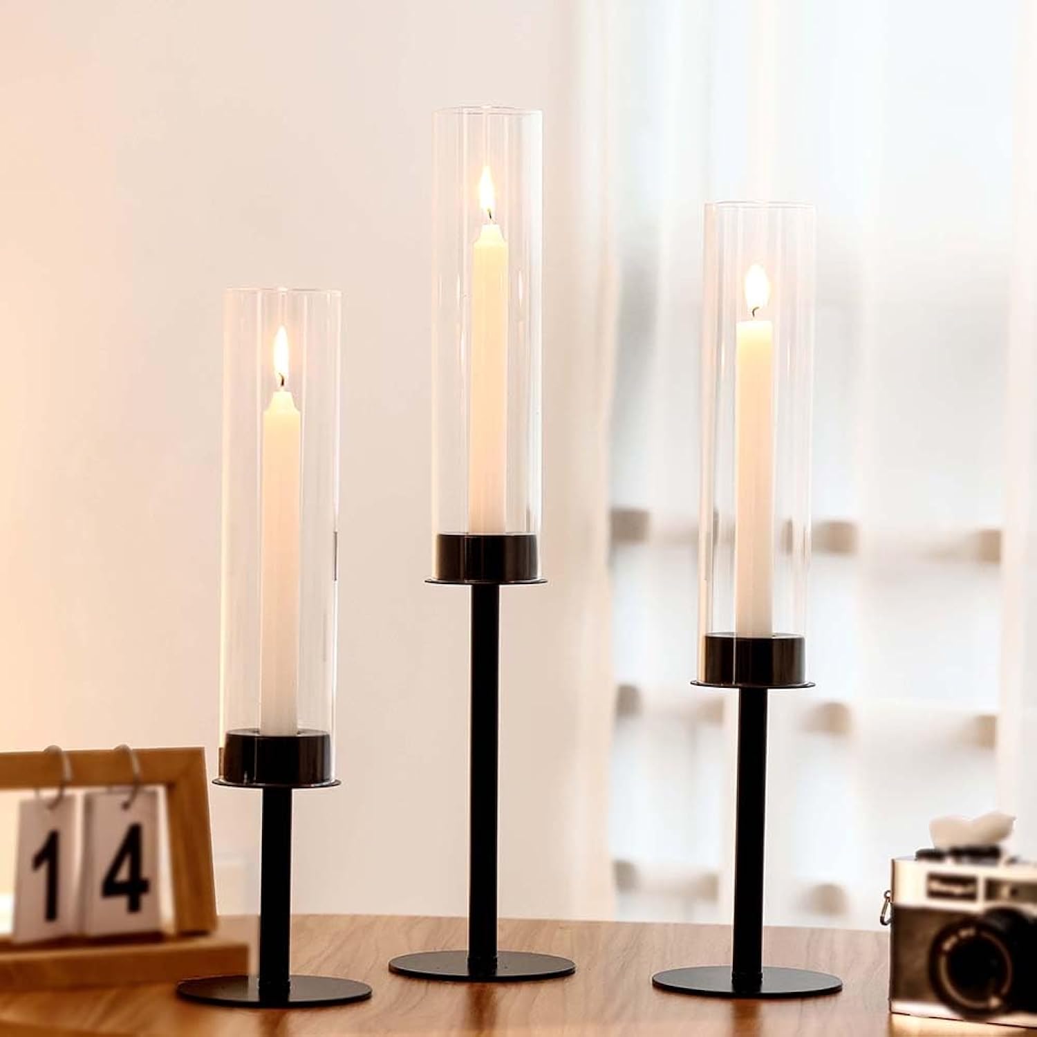 Black Candle Holders 12Pc Hurricane Candlestick Holders,Taper Candle Holders With Glass Candle Cover For Wedding Table Centerpiece Decoration Christmas Party