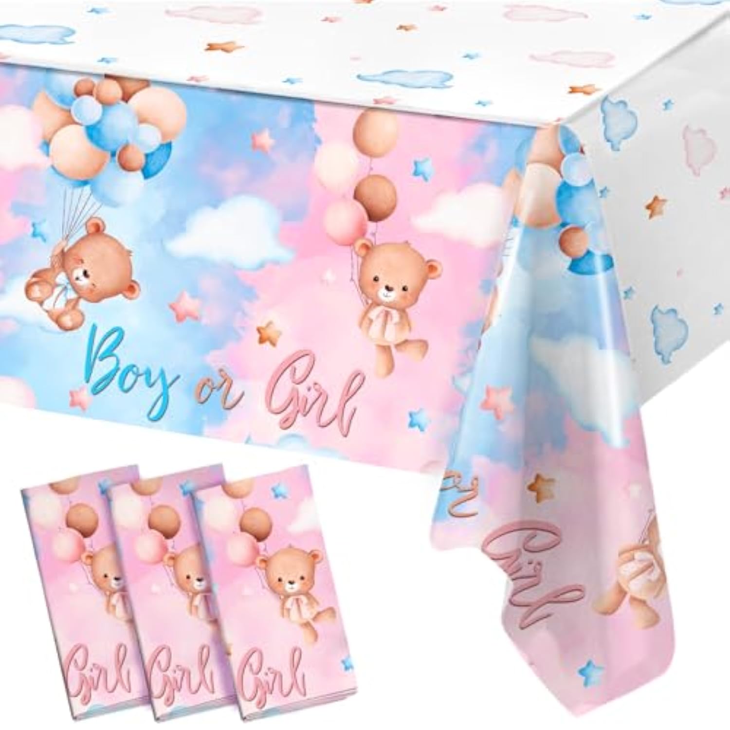 Gender Reveal Decorations Disposable Tablecloths - 3 Pcs Pink And Blue Waterproof Table Covers For Baby Gender Reveal Decor Party Supplies Boy Or Girl Baby Shower Bear Revelacion Genero