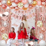 14Th Rose Gold Birthday Party Decorations For Girls, Rose Gold Happy Birthday Banner, Fringe Curtains, Heart Foil Balloons, Confetti Balloons, Cake Topper For 14Th Birthday Decorations