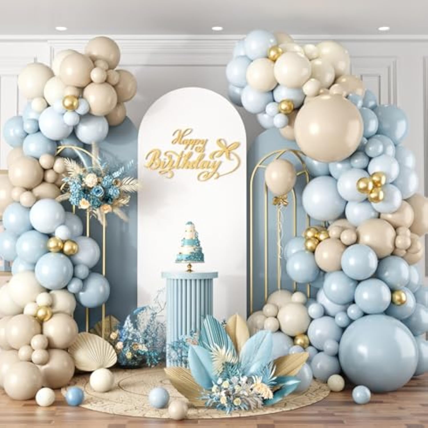 Dusty Blue Balloon Arch Kit,122Pcs Light Blue Sand White Metallic Gold Matte Balloons For Kids Boy Baby Shower Decorations Wedding Graduation Bridal Engagement Birthday Party Supplies