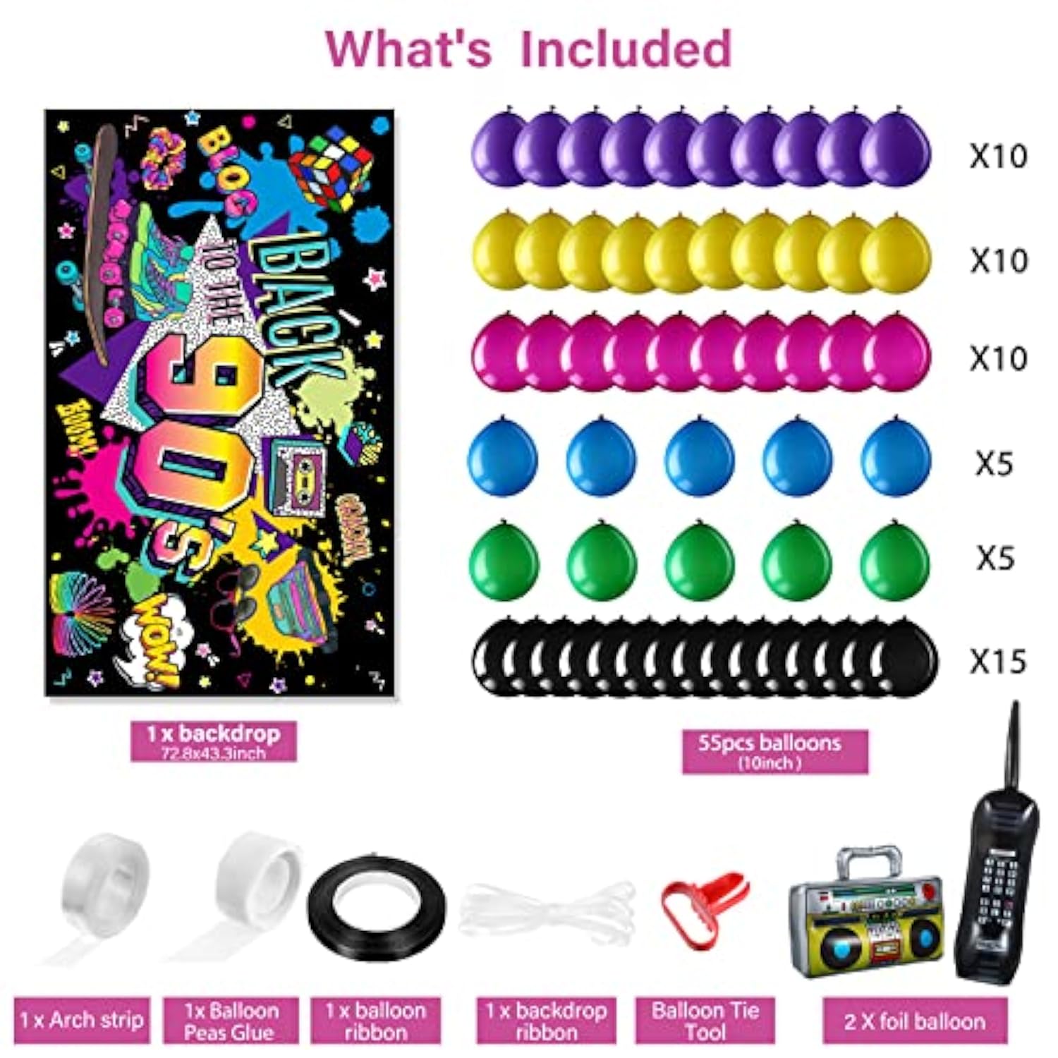 80S 90S Party Decorations: 80'S 90'S Party Bundle Includes Inflatable Radio Boombox And Mobile Phone, Backdrop, 55 Balloons, 80S 90S Supplies