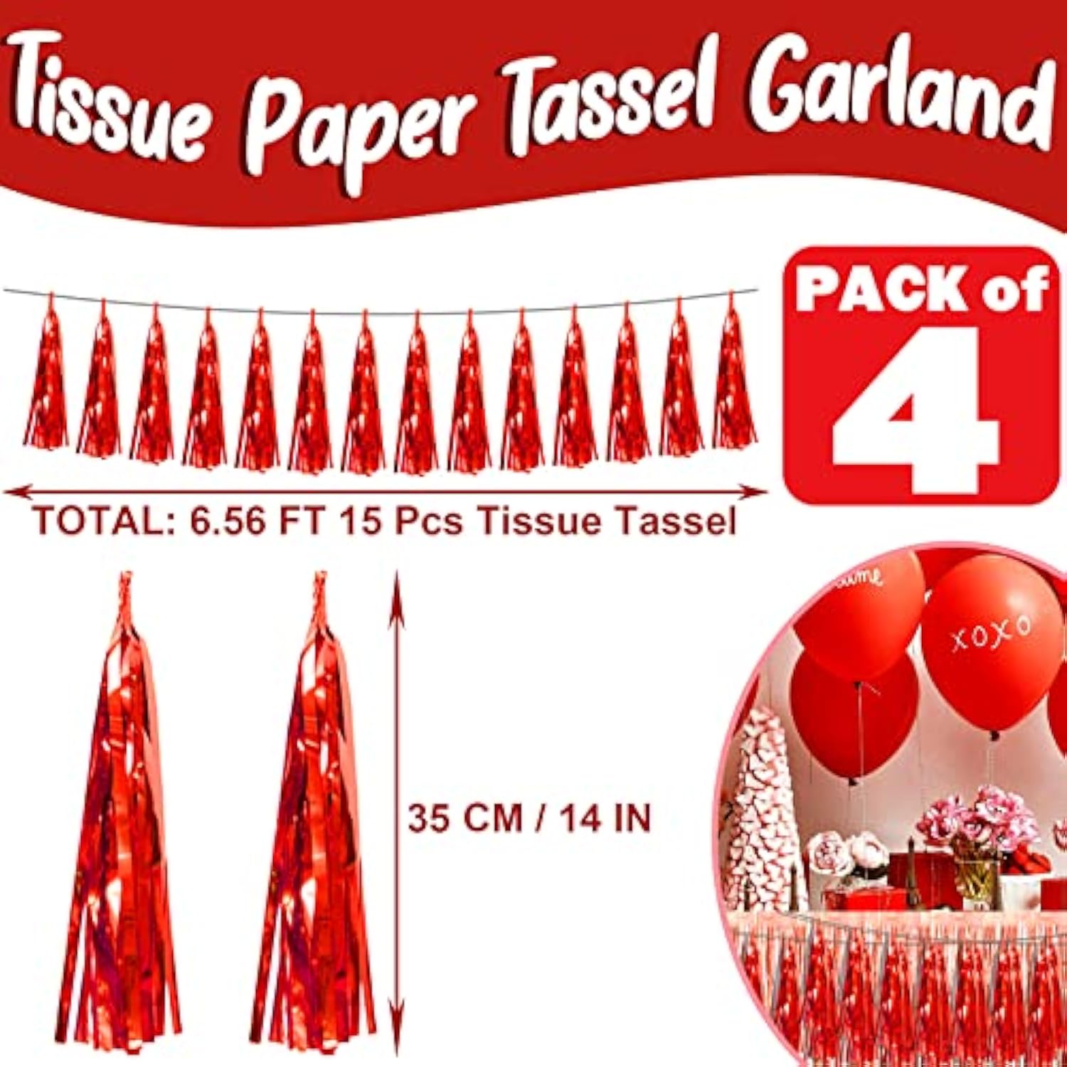 4pcs Red Foil Fringe Tassel Garland Metallic Streamers Party Decorations