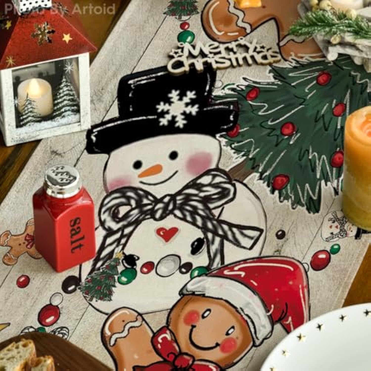 Wood Snowman Gingerbread Pine Merry Christmas Table Runner, Seasonal Winter Kitchen Dining Table Decoration For Home Party Decor 13X36 Inch