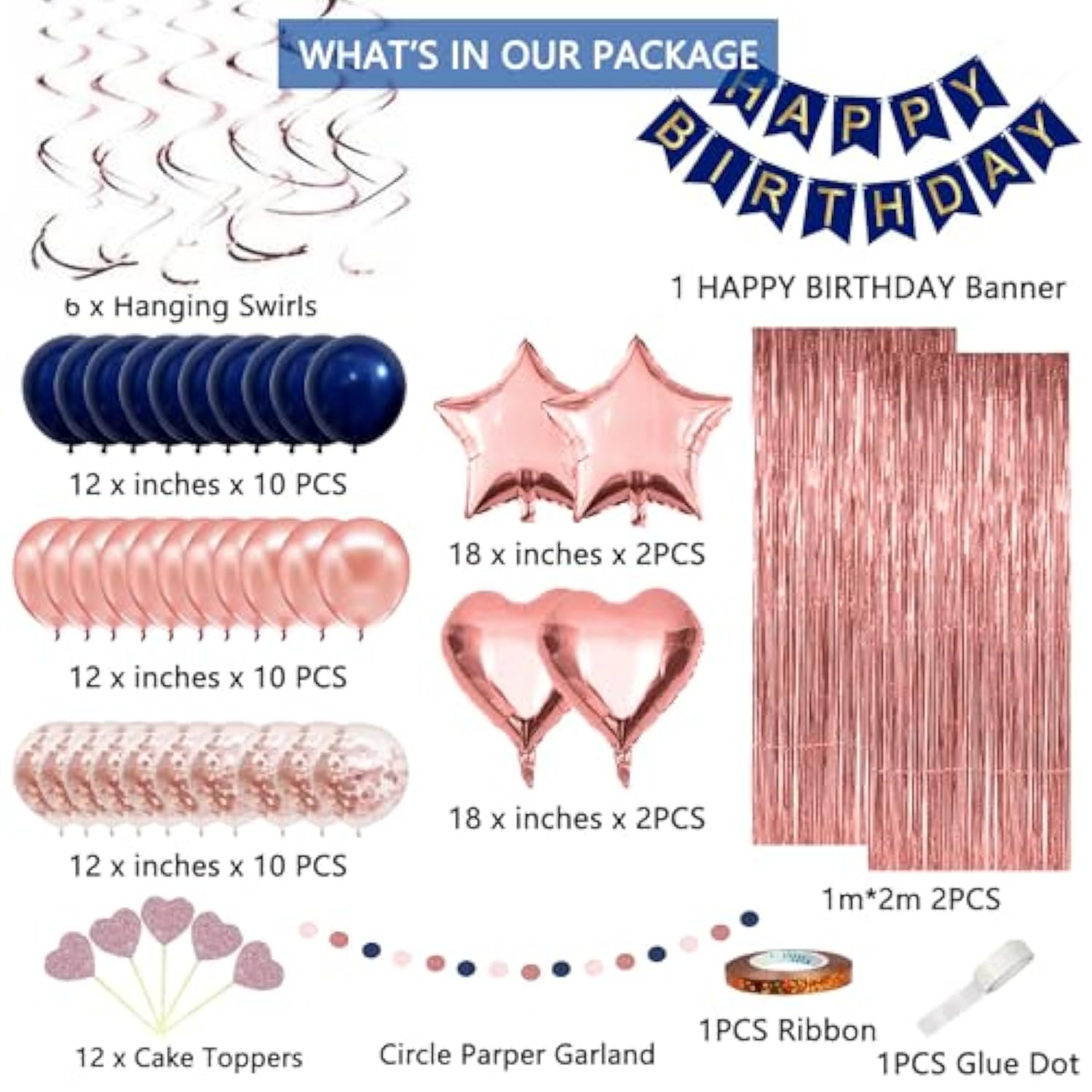 Navy Blue Rose Gold Happy Birthday Decorations Kit, Rose Gold Balloons Birthday Party Supplies For Women Girls Men, Happy Birthday Banner, Circle Dot Garland, Fringe Curtains, Latex Confetti Balloons