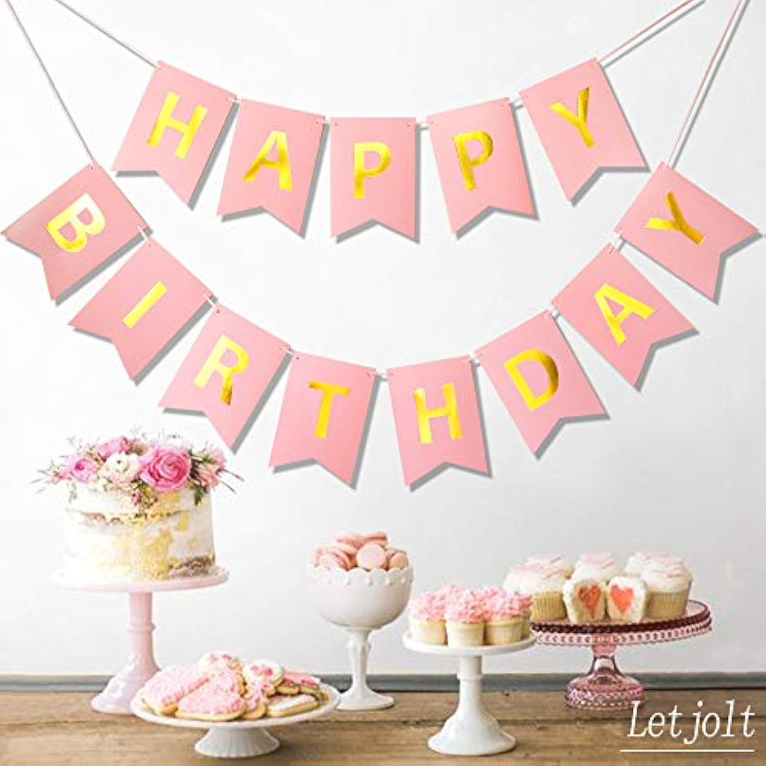 Pink Happy Birthday Banner Party Signs Golden Sparkle Funny Bunting Supplies Garland For Girls Party Decorations Nursery Hanging 13 Pieces