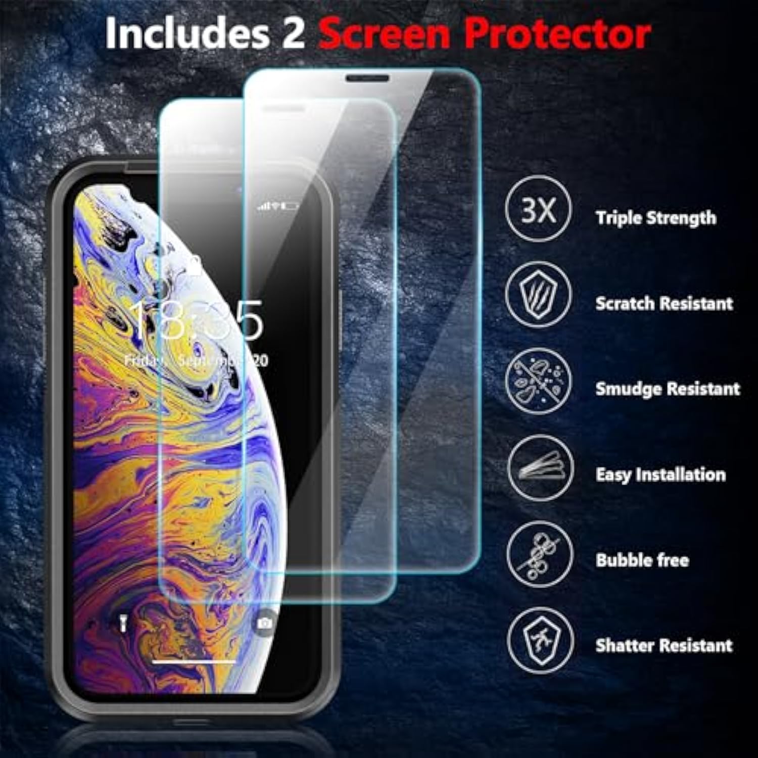 For X Case/ Xs Case, [Shockproof][Dropproof] [Non-Slip] [2 Pcs Tempered Glass Screen Protector] Heavy Duty Phone Case Cover For X/Xs 5.8,(Black)