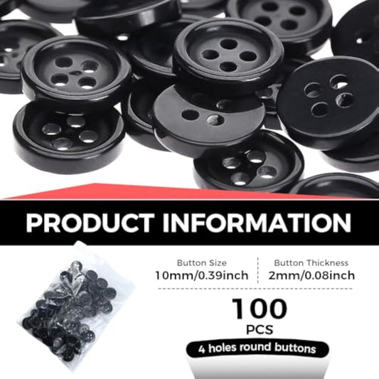 100Pcs Wholesale 10Mm Black Round Resin 4 Holes Clothes Sewing Buttons