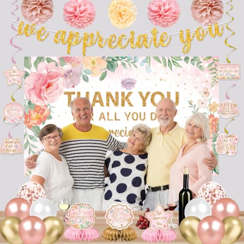 Pink We Appreciate You Decorations, Pink Floral Thank You Banner