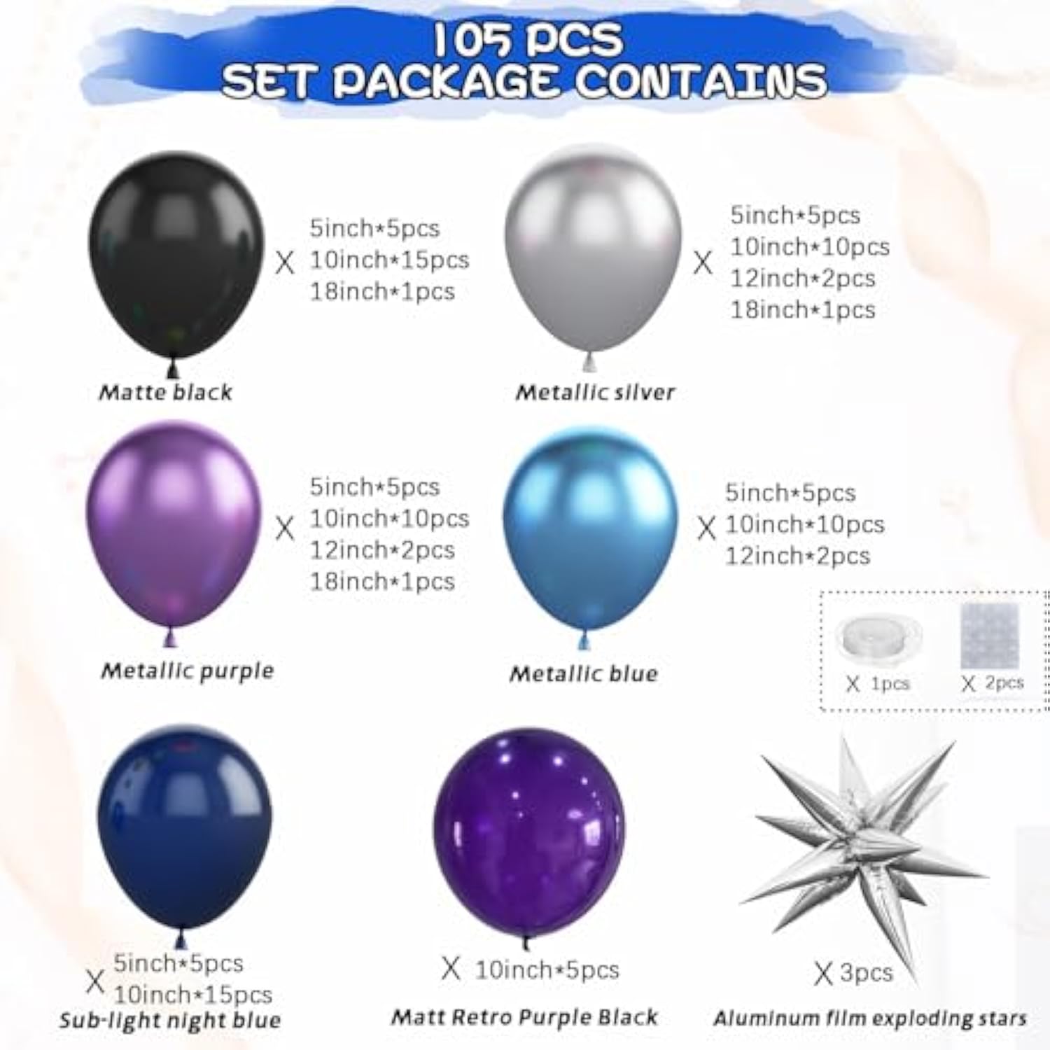 Metallic Balloon Arch Kit - Blue, Purple & Silver Balloon Arch Garland - 4D Star For Space Theme Birthday Party, Baby Shower, Graduation