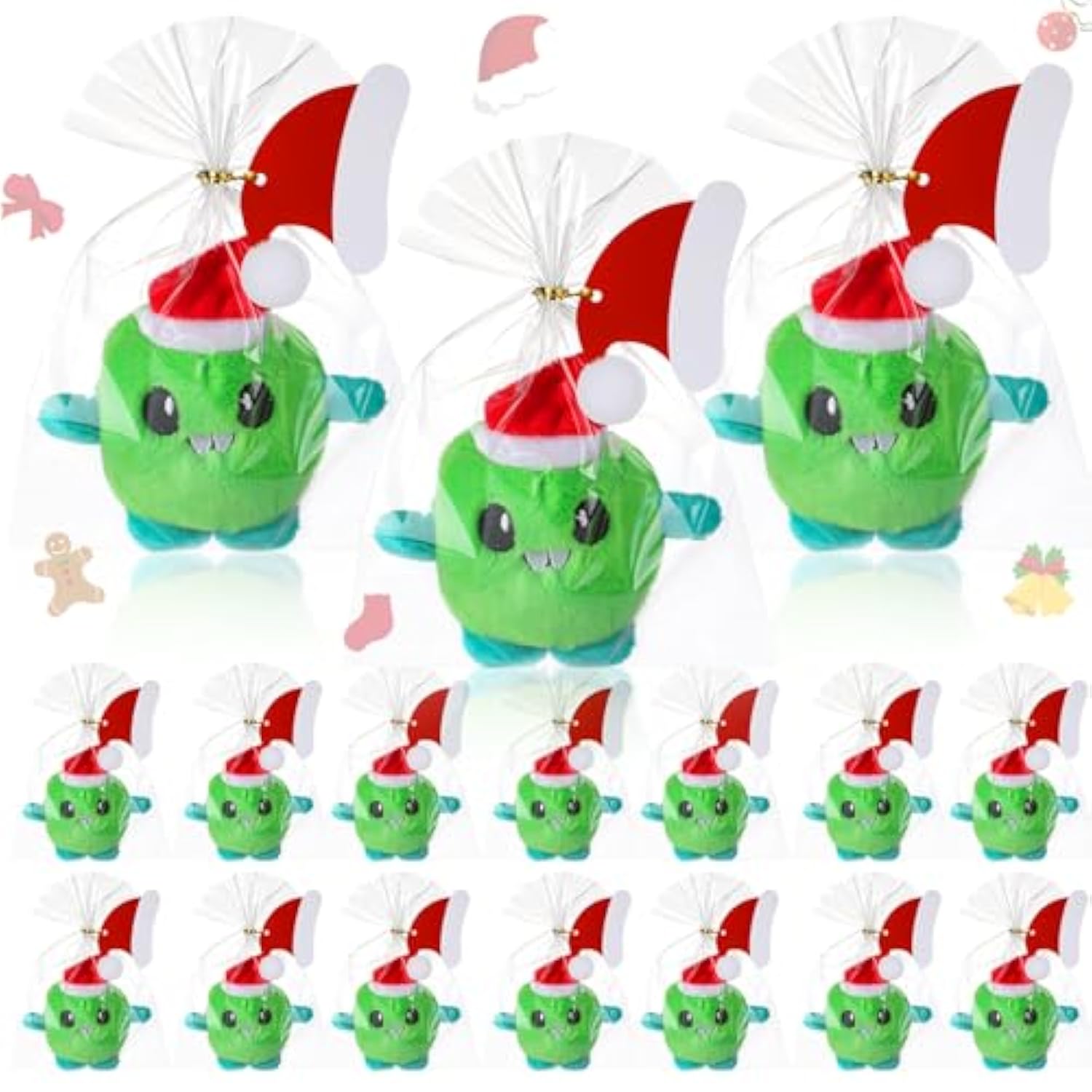 20 Packs Christmas Monster Plush Toys Set -Green Cute Stuffed Animal With Santa Hat, Small Plush Doll Gift Bags For Kids Stocking Stuffer Party Favor Classroom Exchange