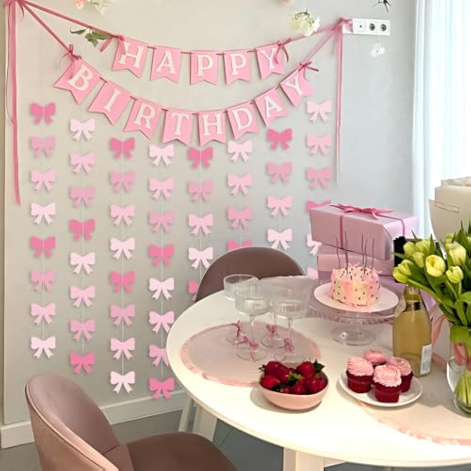 Pink Bow Party Hanging Banners & Birthday Party Supplies Decorations - Bow Paper Cutouts For Girl Baby Shower Bridal Shower Bachelorette Room Backdrop - 8 Pcs, 55 Inch, Hot To Light Pink Paper Banners