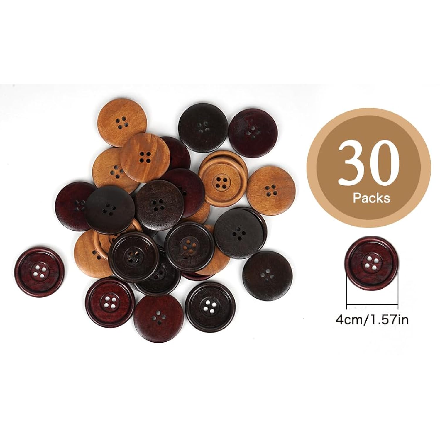 30Pcs Big Size 40Mm 1 1/2" Round Wood Buttons 4 Holes Craft Sewing But