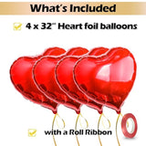 [4 Pcs] 32" Big Red Heart Foil Balloons, Big Giant Jumbo Heart Shaped Mylar Aluminium Decoration For Girl Valentine'S Day Surprise Birthday Wedding