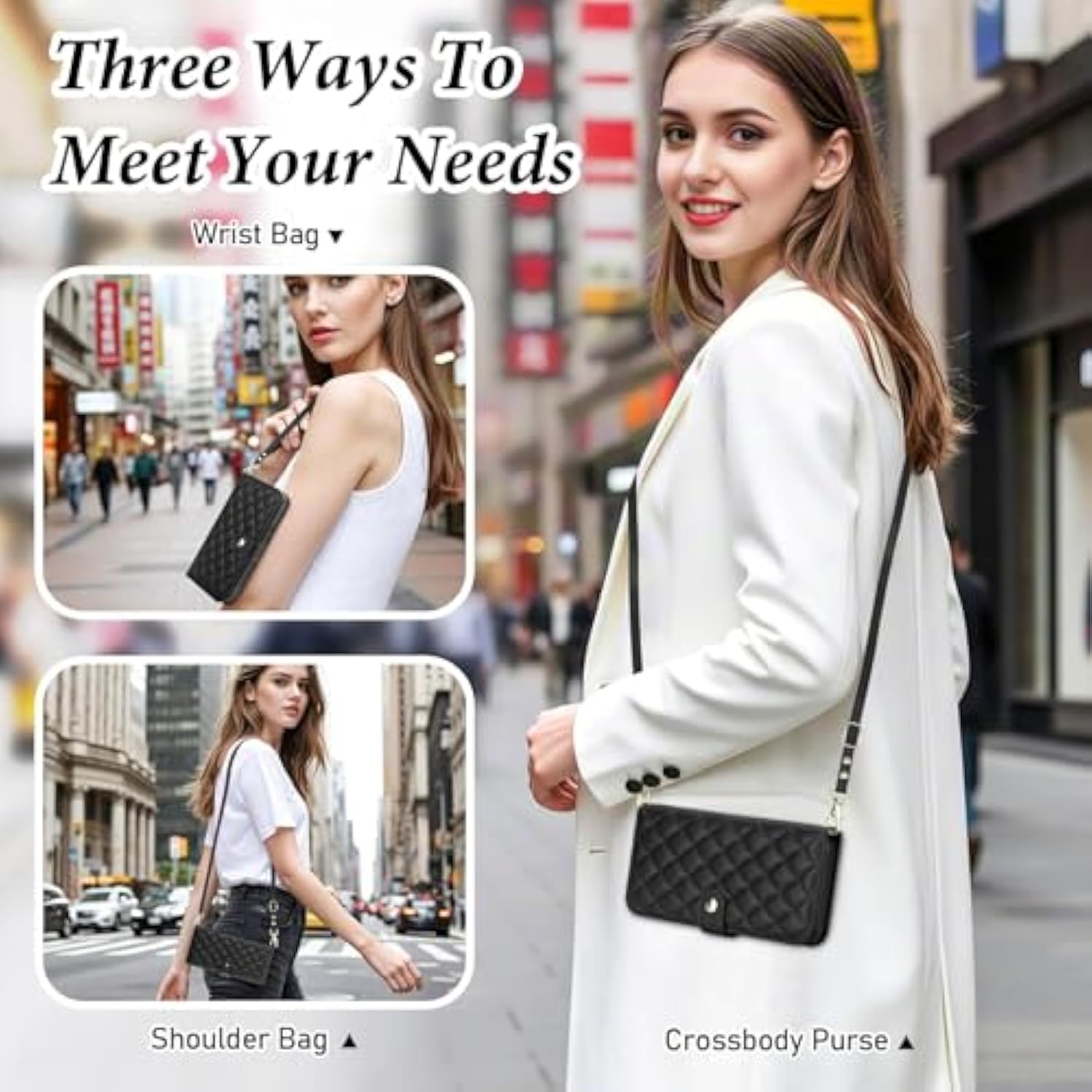 For Iphone 15 Wallet Case With Card Holder Crossbody Wrist Strap Leather Flip Case With Magnetic Clasp Kickstand Heavy Duty Protective Wallet Phone Case For Iphone 15 For Women, Black