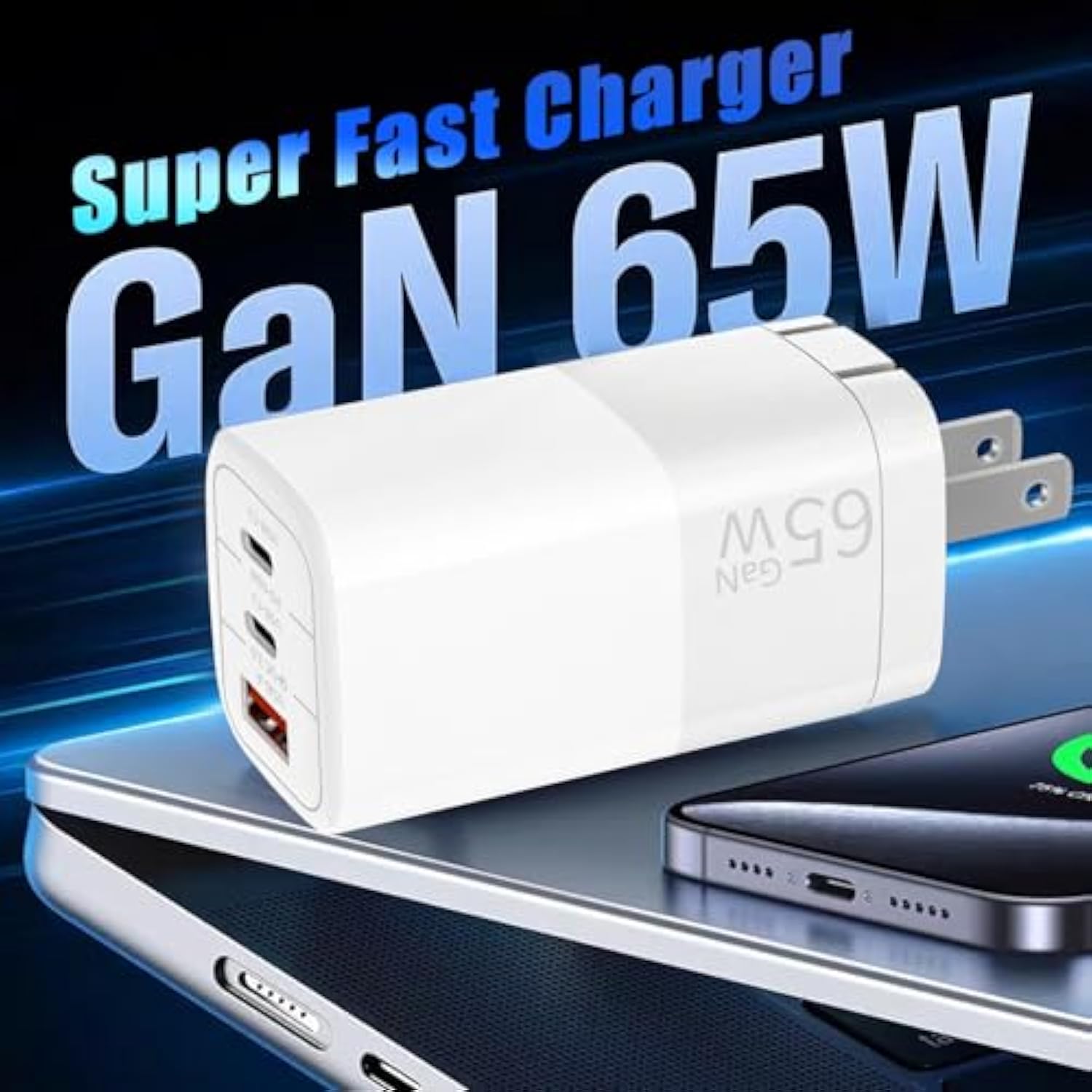 65W Gan Fast Charger, 3-Port Usb C Pd Power Adapter (2×Usb-C + 1×Usb-A) – Compact & Foldable For Macbook Pro/Air, Iphone 16, Ipad, Galaxy S25, Dell Xps – Travel-Friendly & Overheating Protection