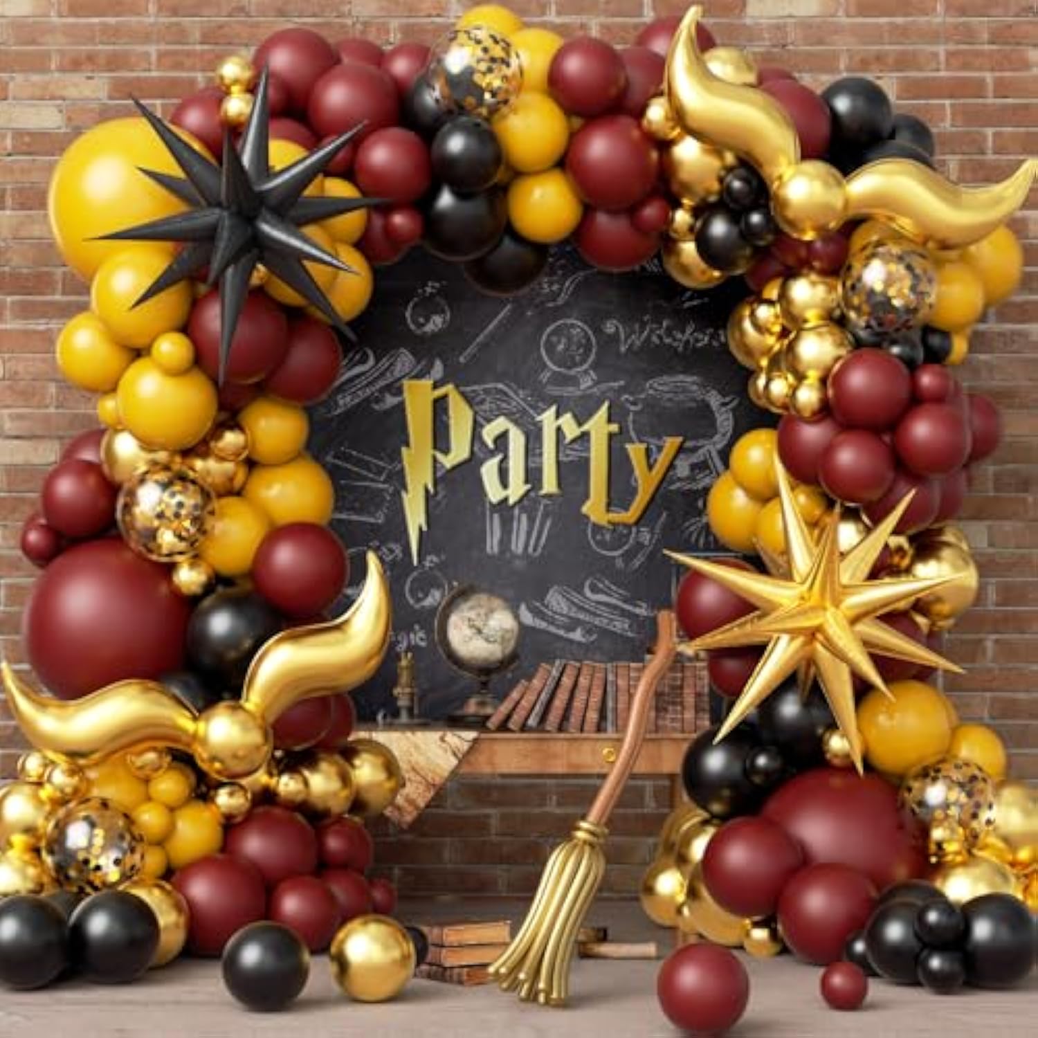 144Pcs Magical Wizard Balloons Arch Kit, Burgundy Mustard Yellow Black Metallic Gold Confetti Balloons S-Shaped Balloons 260 Balloons For Magic Themed Birthday Baby Shower Party Decorations