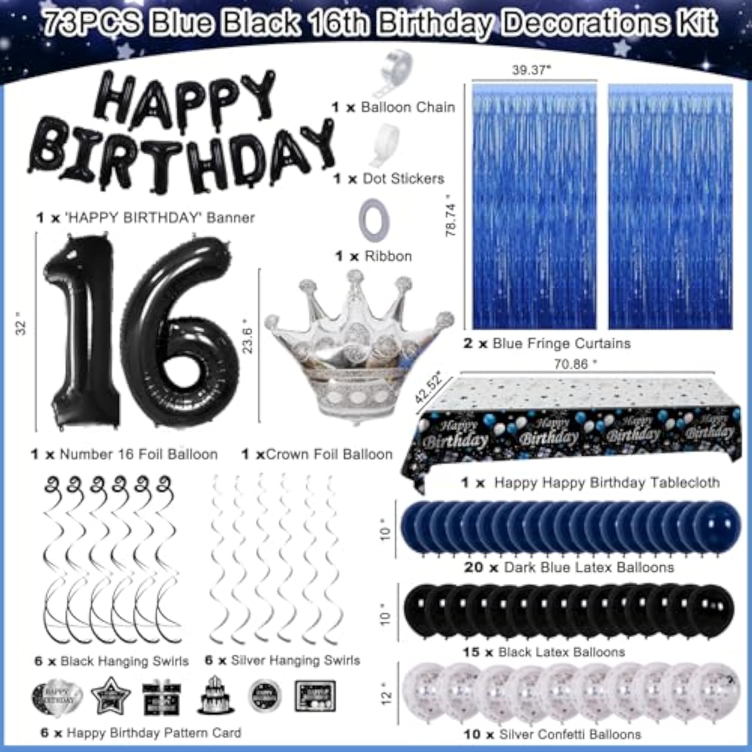 16Th Birthday Decorations For Boys Girls, Happy 16Th Birthday Boy Decorations Blue Black 16 Year Old Bday Party Balloons Supplies Tablecloth, Fringe Curtains, Hanging Swirls Decor For 16 Birthday