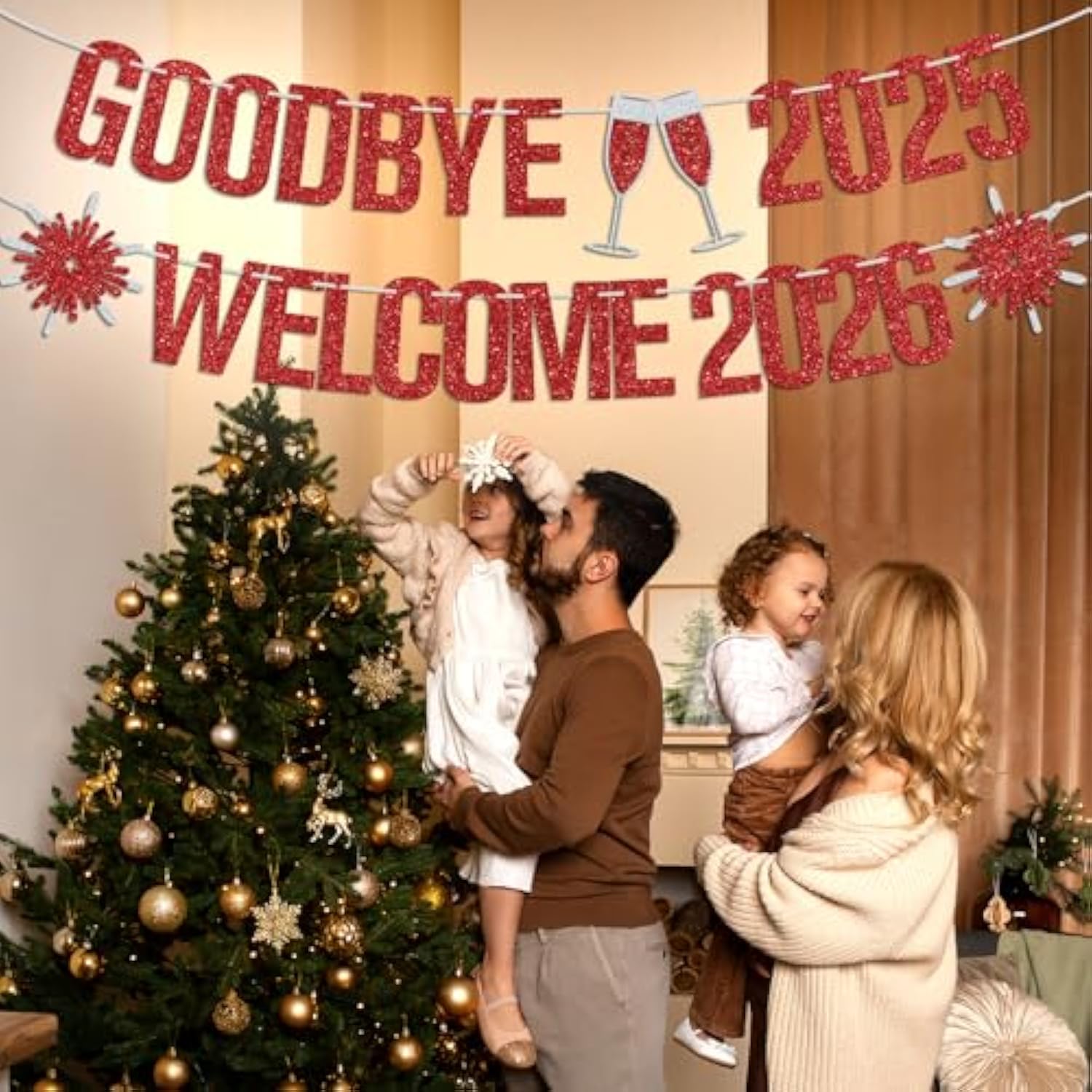 Goodbye 2025 Welcome 2026 Banner Red Glitter New Year Party Decorations