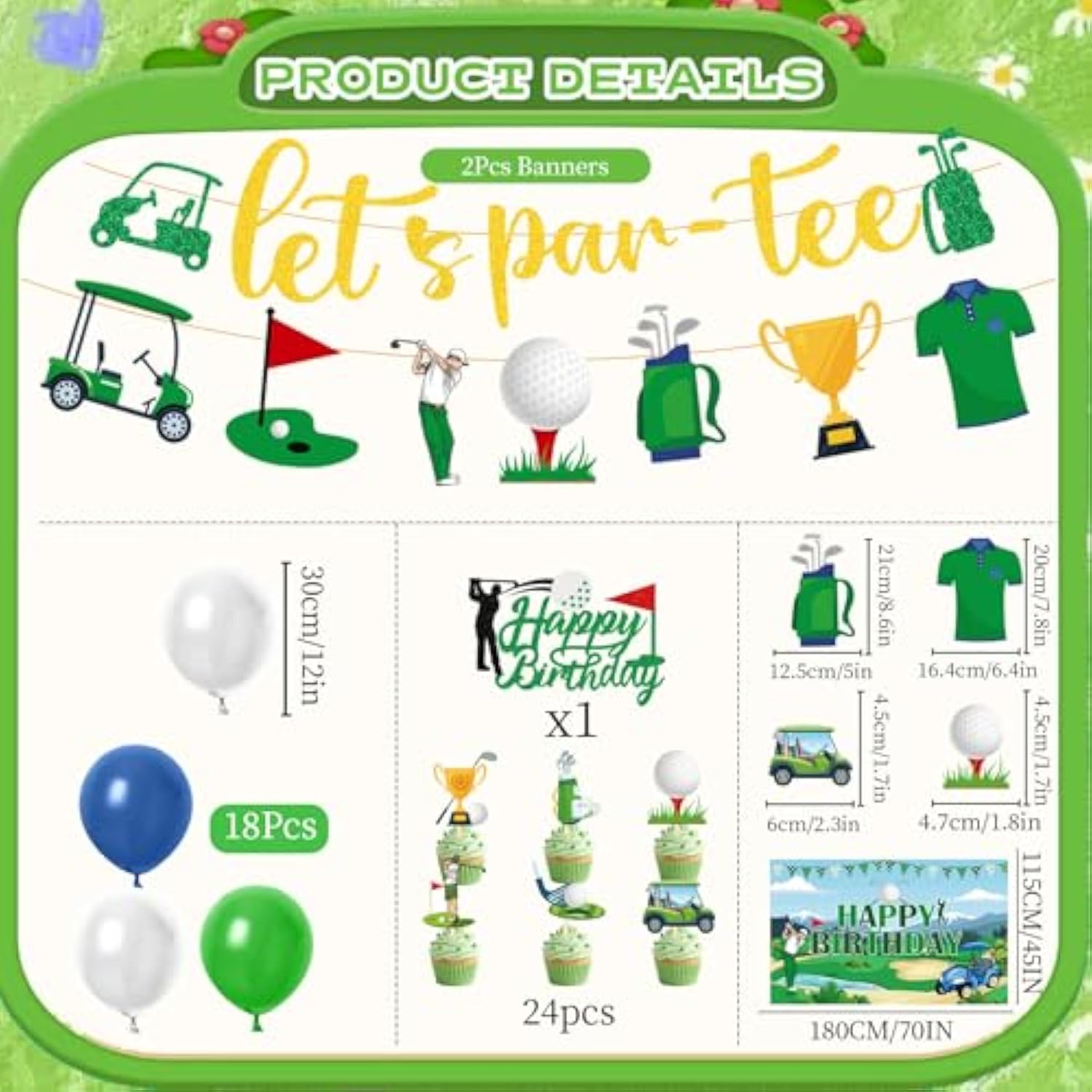 Golf Birthday Party Decorations - 34Pcs Golf Birthday Decorations, Lets Partee Banners Balloons Backdrop Cake Topper Cupcake Toppers, Sport Themed Party Decor Supplies