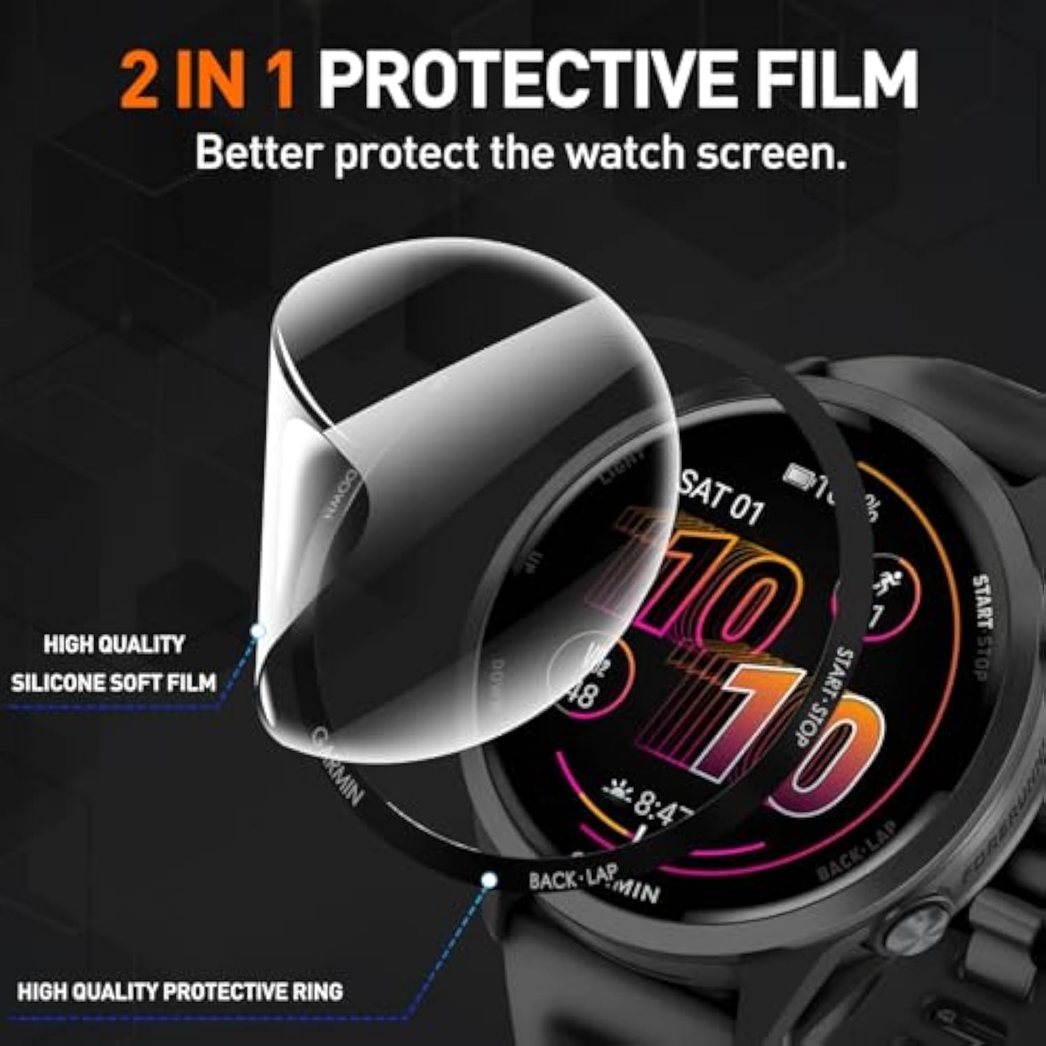 2-Pack For Garmin Forerunner 570 47Mm Screen Protector,Charger Port + Full Coverage High Definition Pmma Soft Protective Film [Anti Scratch]