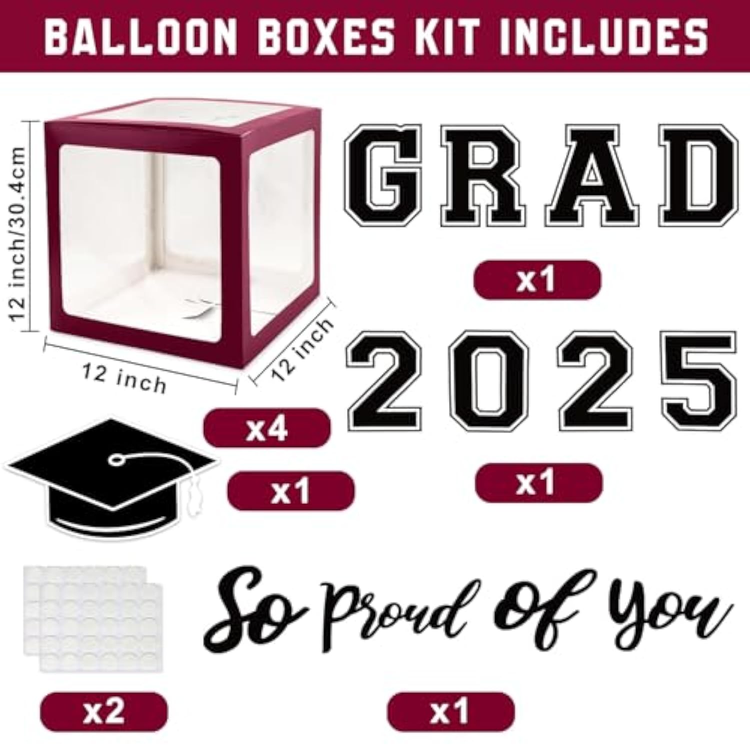 Maroon Themed 2025 Graduation Decorations Set - Balloons Boxes With Letters 2025 Grad So Proud Of You - Complete Party Supplies For High School & College Celebrations