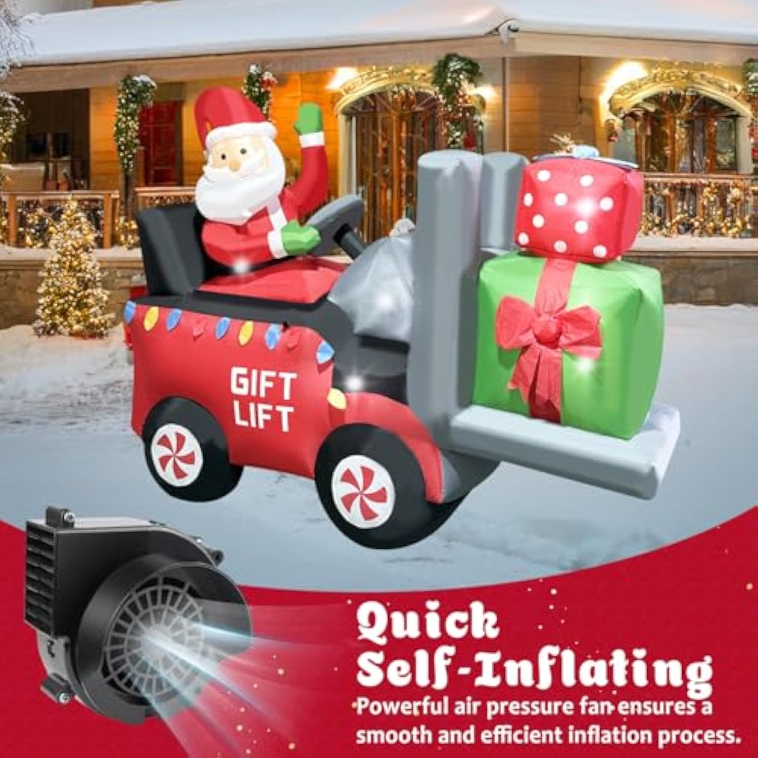 Christmas Inflatable 6.8 Length Santa Driving Gift Lift Car With Two Gift Boxes Blow Up Decoration For Xmas, Holiday Par