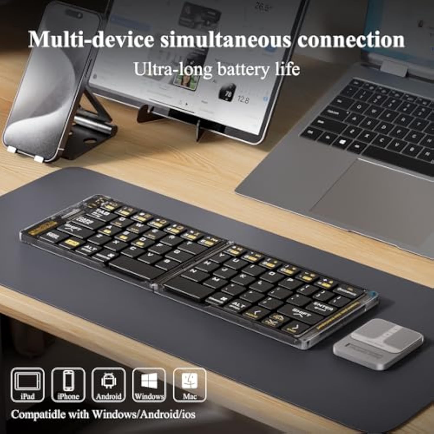 Foldable Keyboard And Mouse(2.4G),F01 Folding Bluetooth Keyboard And Mouse Combo For Business And Travel,Portable Keyboard For Laptop Ipads Tablets,For Windows/Android/Ios-Silver Square Mouse