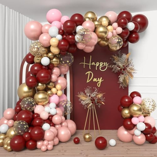 Burgundy Pink Balloons Garland Arch Kit Maroon Rose Gold Champagne Gold Confetti Metallic Balloons For Women Birthday Bridal Baby Shower Wedding Wine Party Decorations With 4 Tools