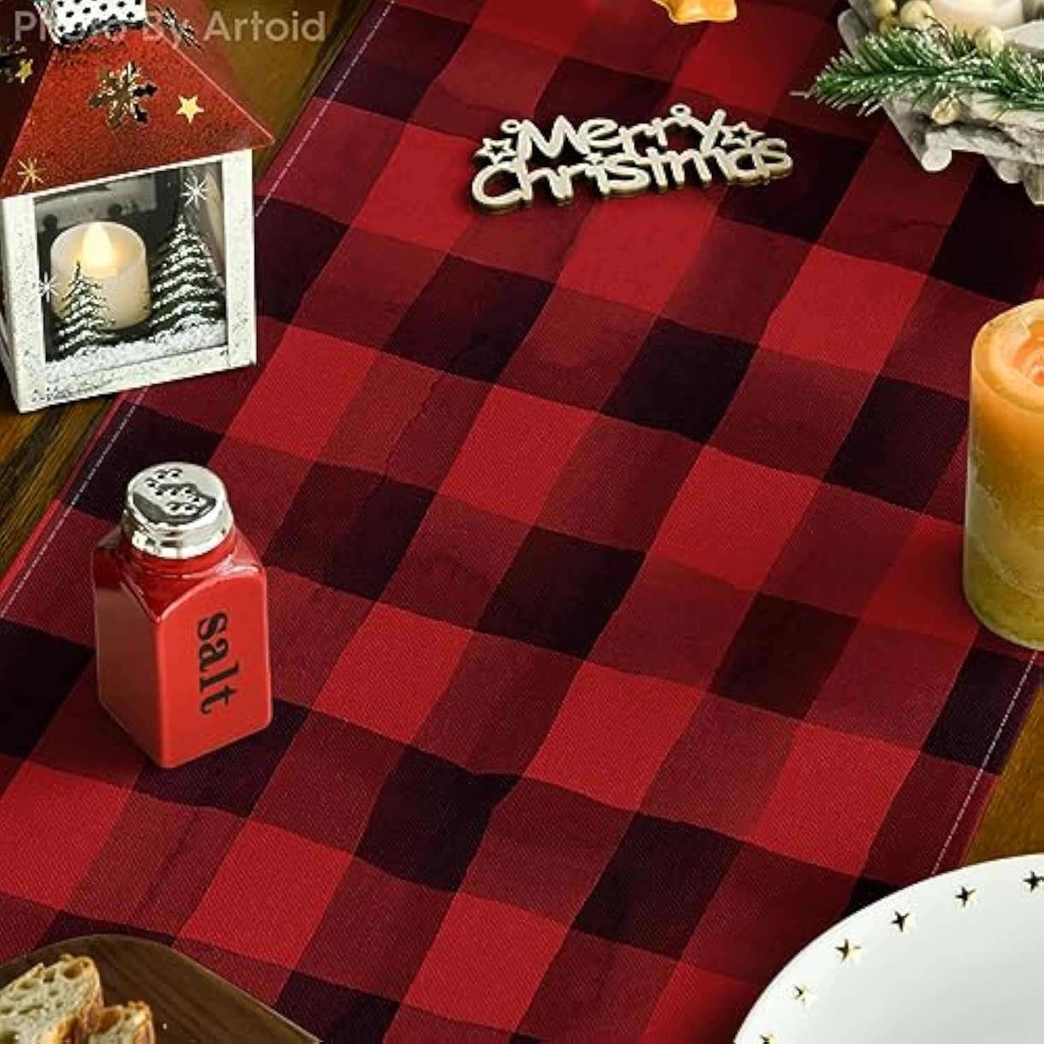 Red And Black Buffalo Plaid Merry Christmas Tree Table Runner, Seasonal Truck Gifts Kitchen Dining Table Decoration For Outdoor Home Party 13X48 Inch