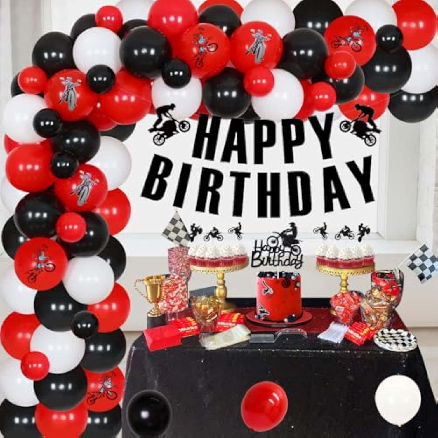 Dirt Bike Birthday Decorations For Boys - Red Black Balloon Garland Arch Kit With Happy Birthday Banner Cake Topper, Motorcycle Cupcake Toppers For Motocross Theme Party Supplies