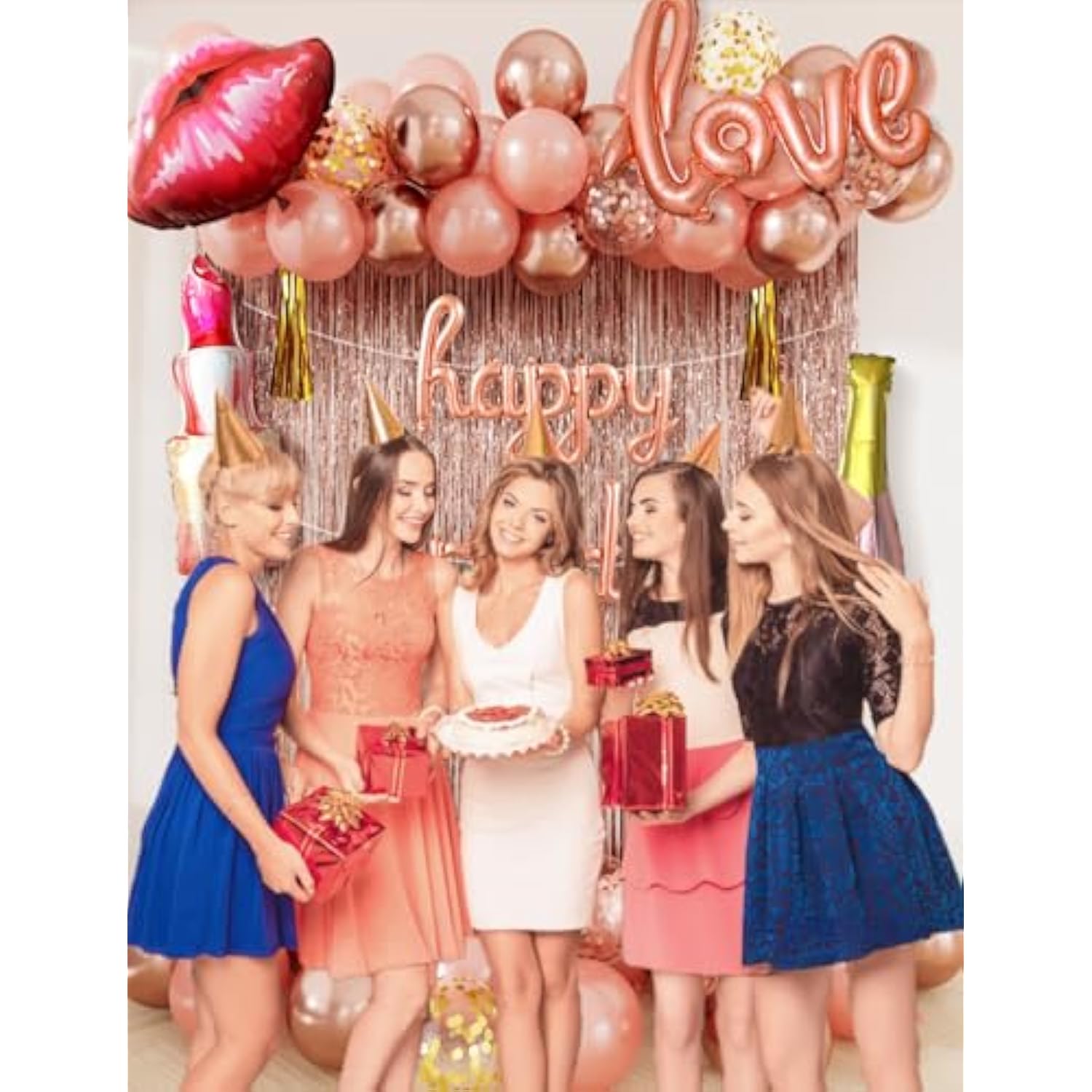 Rose Gold Happy Birthday Decorations For Women And Girls – Rose Gold Balloons, Happy Birthday Banner, Foil Crown Love Balloons With Fringe Curtain For Birthday Party Supplies