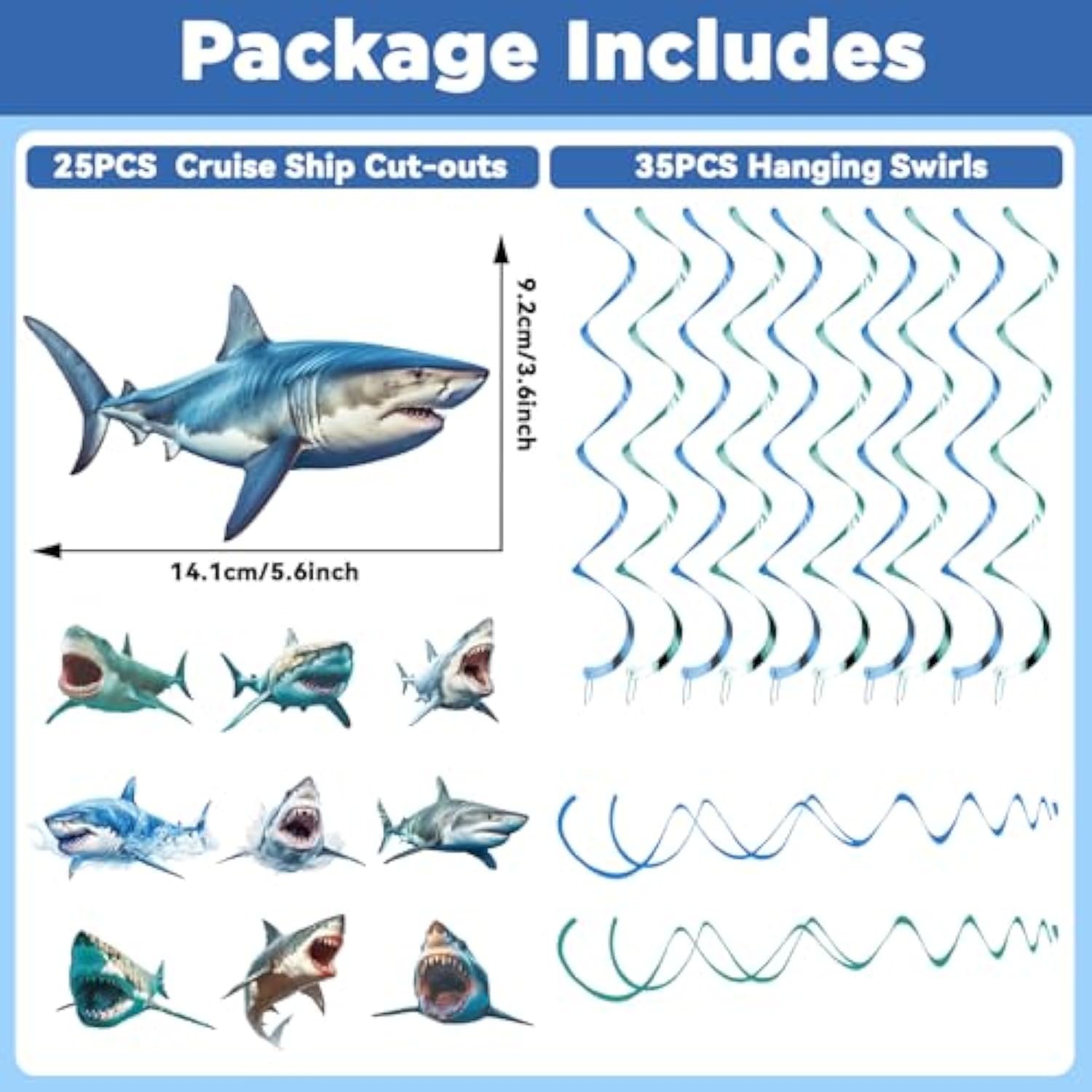 60Pcs Shark Birthday Hanging Swirls Blue Ocean Under the Sea Decorations