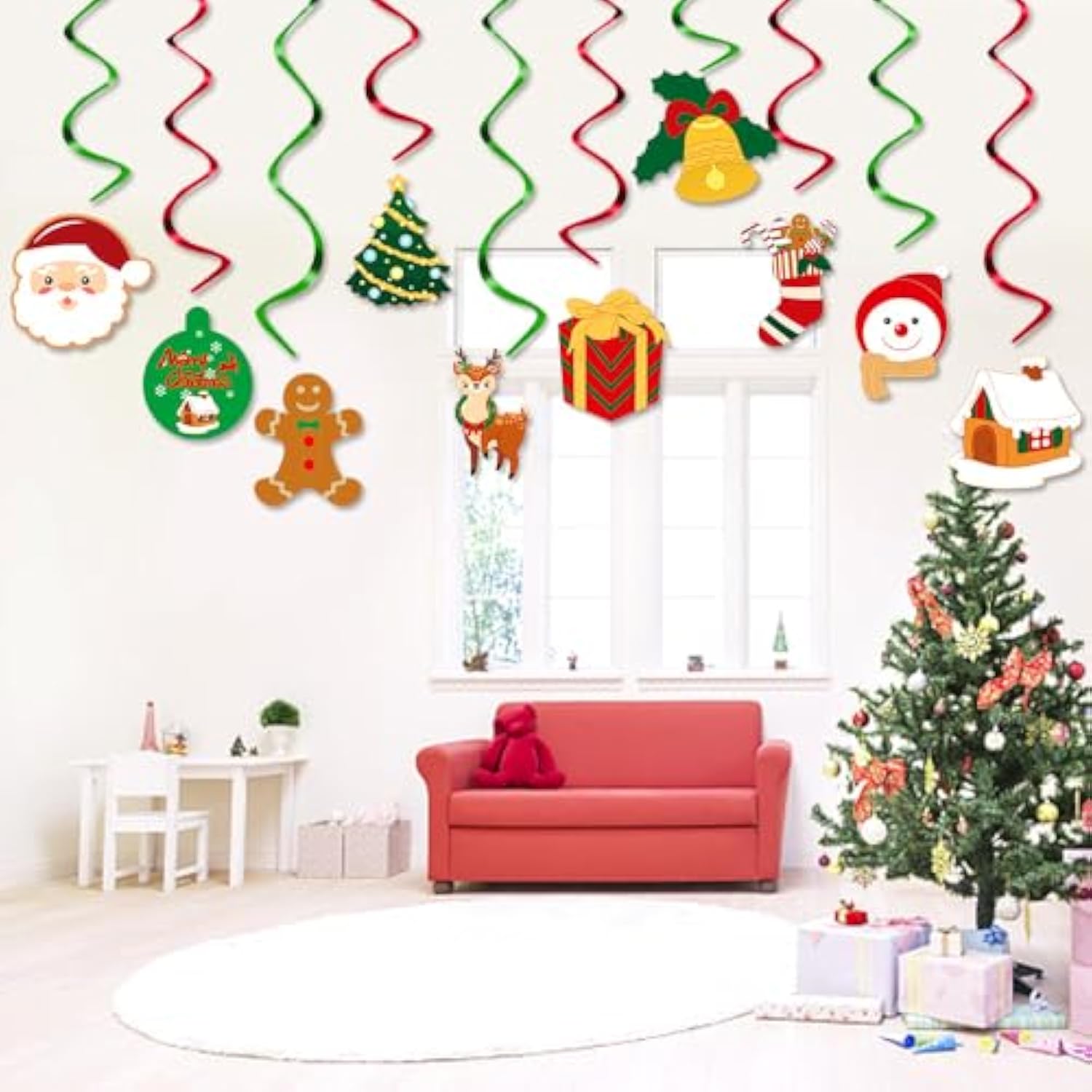 Merry-Christmas Ceiling Hanging Foil-Swirl Decorations - 20Pcs Red Green Tree Socks Snowman Santa Claus Elk Gifts Streamers Garland, Fireplace Window Room Indoor Holiday Party Supplies