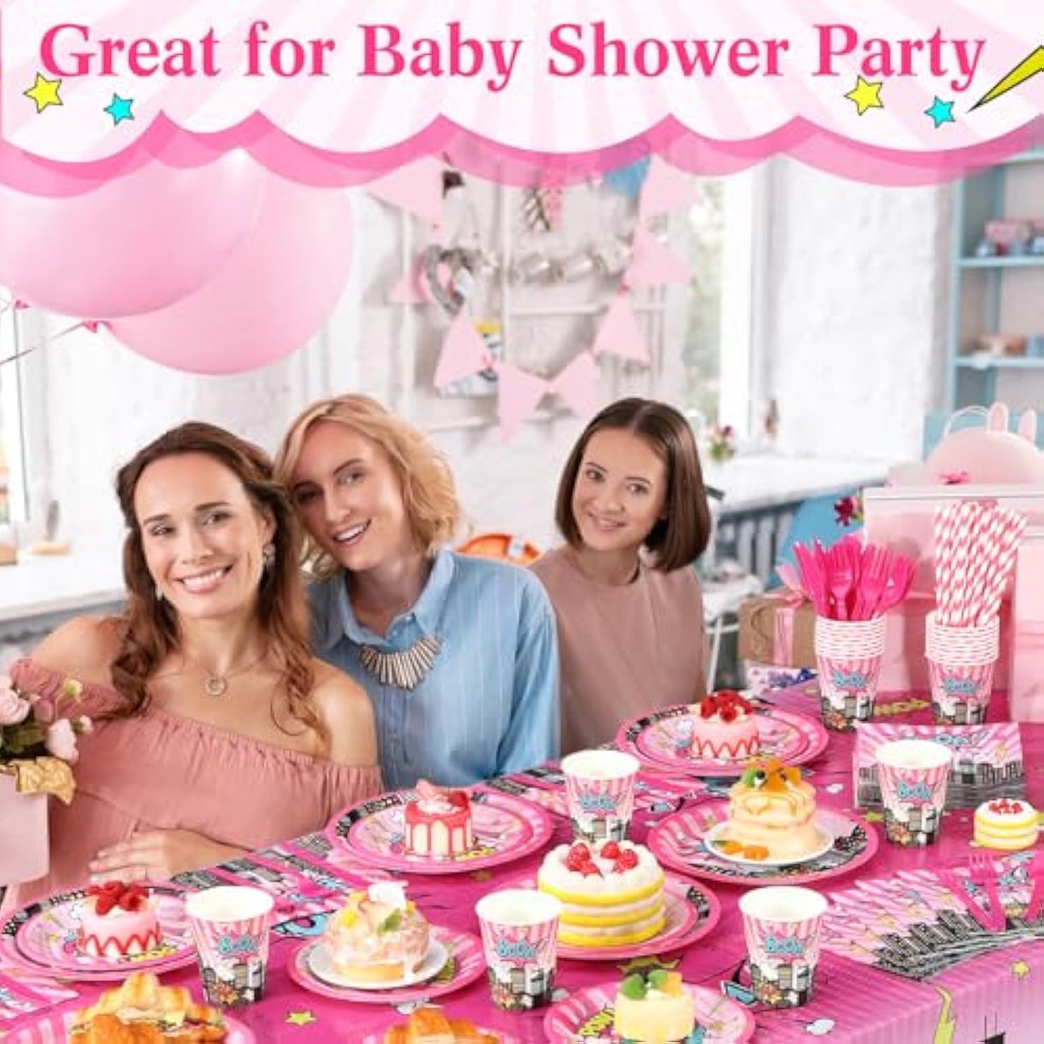 219 Pcs Pink Hero Birthday Party Decorations Girl Pink Comic Hero Plates Napkins Cups Tablecloth Cutlery Straw Disposable Tableware Set For Birthday Baby Shower Party Supplies, Serves 24