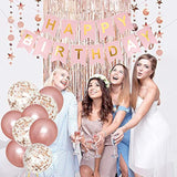 62pcs Rose Gold Birthday Decorations – Banner, Balloons, Fringe Curtain & Swirls