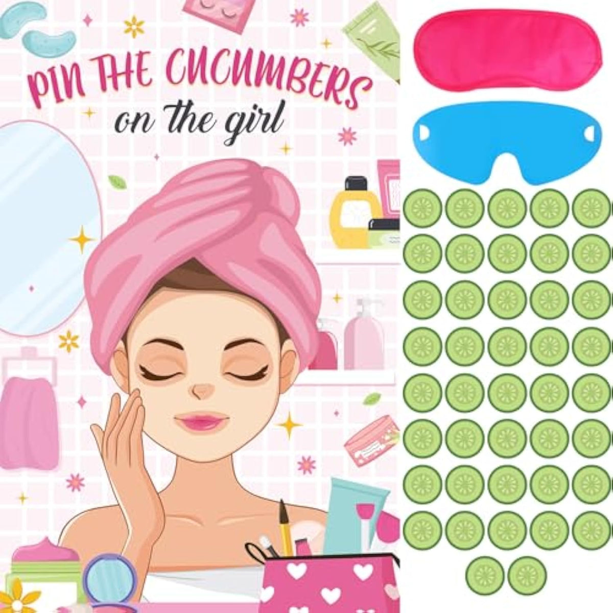 42 Pcs Spa Party Games Pin The Cucumbers On The Girl With Cucumber Stickers And Blindfolds, Large Spa Party Games Poster For Kids Girls Women Birthday Party Carnival Supplies