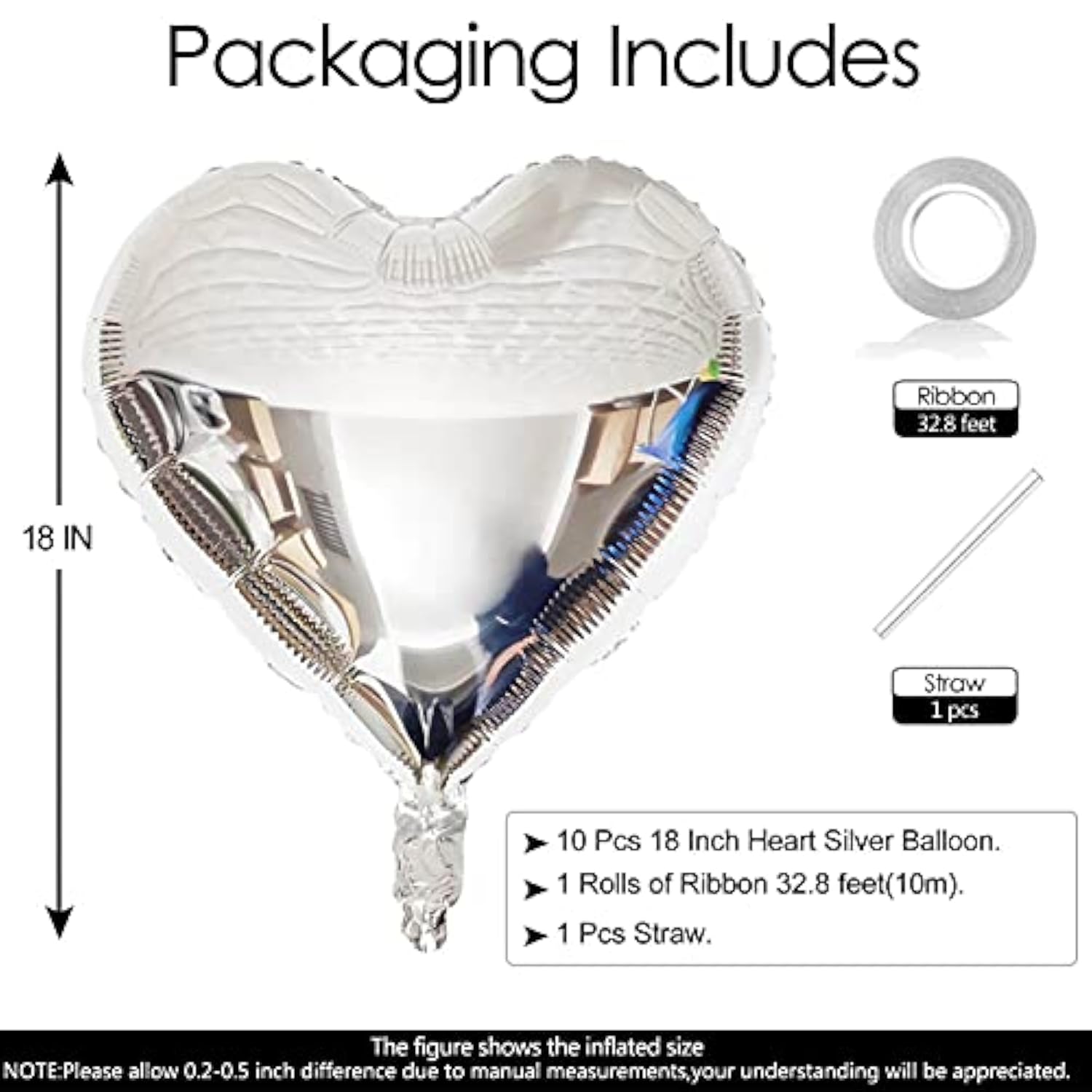 10pcs Silver Heart Foil Balloons – 18" Mylar Balloons for Baby Shower, Wedding & Party Decor