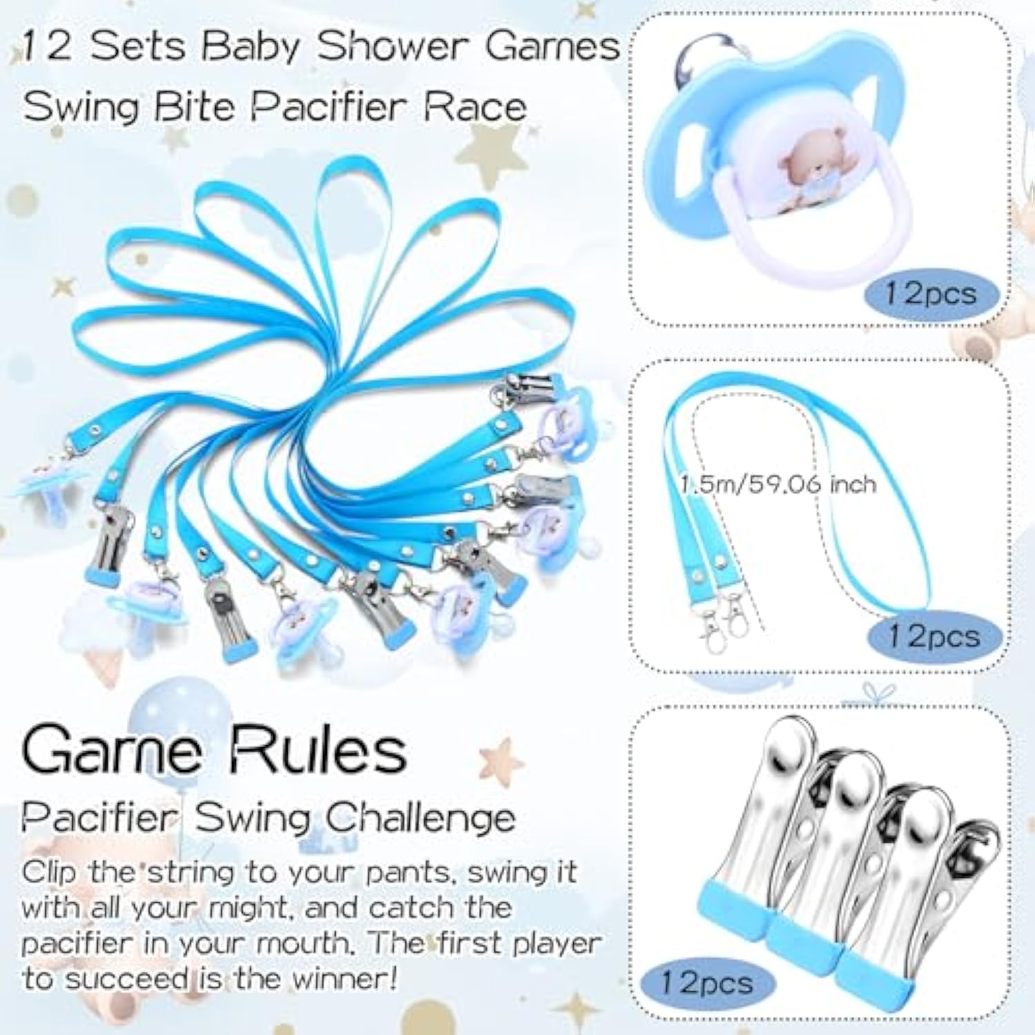 12 Sets Swing Pacifier Baby Shower Games Funny Gender Reveal Games, Include 1 Wooden Sign And 12 Pacifiers For Bridal Shower Gender Reveal Party Favors Women Men(Bear,Blue)