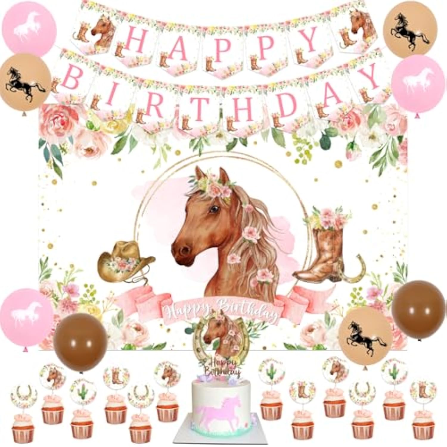 Horse Birthday Party Decorations Kit For Girls - Themes Banner & Photo Backdrop, Cake Cupcake Toppers, Racing Balloons, Western Cowgirl Happy Supplies