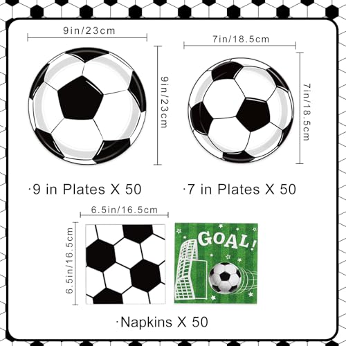 150 PCS Soccer Plates and Napkins, Soccer Party Supplies Disposable Paper Plates and Napkins Tableware Set for Sports Soccer Birthday Party Decorations, Serves 50