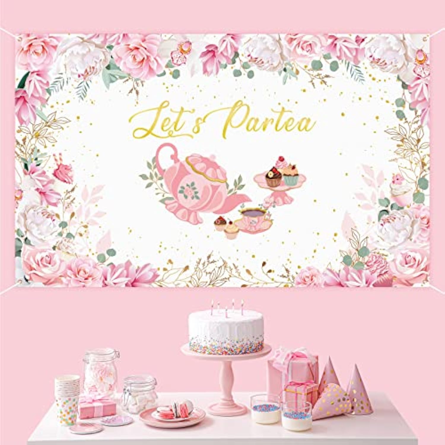 “Let’s ParTea” Tea Party Backdrop Banner for Shower & Birthday Photos