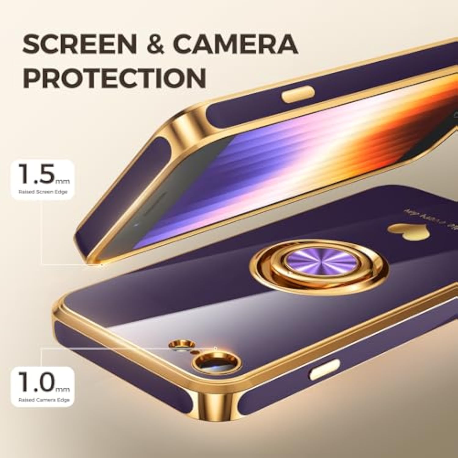 Compatible For Iphone Se/8/7 Case With 2 Pack Screen Protector, 360° Rotatable Ring Holder [Luxury Hearts Pattern] Plating Gold Edge Slim Soft Phone Case For Iphone Se/8/7 - Purple